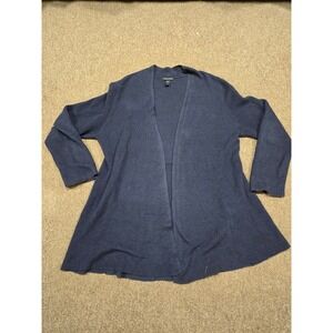 Eileen Fisher Navy Blue Organic Linen Cotton Mesh Knit Open Cardigan Sweater L